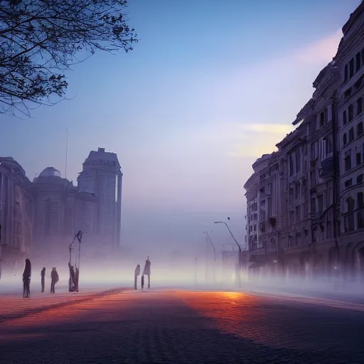 Prompt: bucharest city sunset in winter, mist, buildings, street, people, artstation, 4k, beautiful, concept art