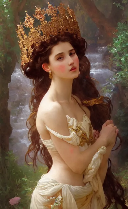 Image similar to a beautiful painting of a crowned princess in a flowing gown, intricate, elegant, highly detailed, digital painting, artstation, concept art, by krenz cushart and artem demura and william adolph bouguereau and alphonse mucha