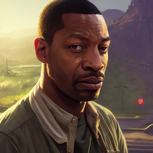 Image similar to highly detailed portrait, carl johnson cj, in gta v, stephen bliss, unreal engine, fantasy art by greg rutkowski, loish, rhads, ferdinand knab, makoto shinkai and lois van baarle, ilya kuvshinov, rossdraws, tom bagshaw, global illumination, radiant light, detailed and intricate environment