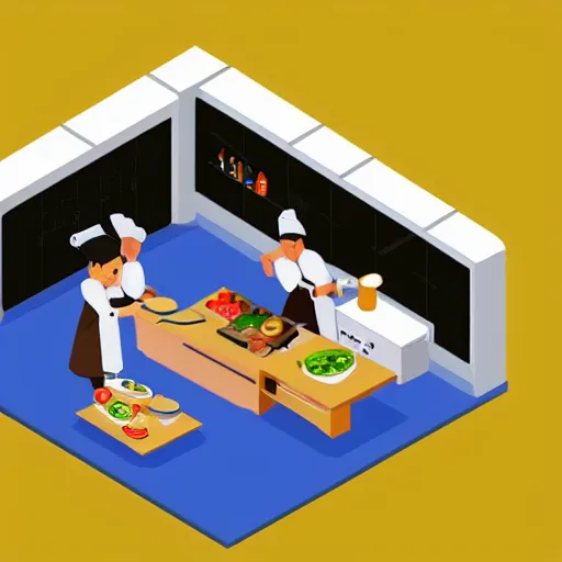 Prompt: isometric flat art of a chef cooking in the kitchen
