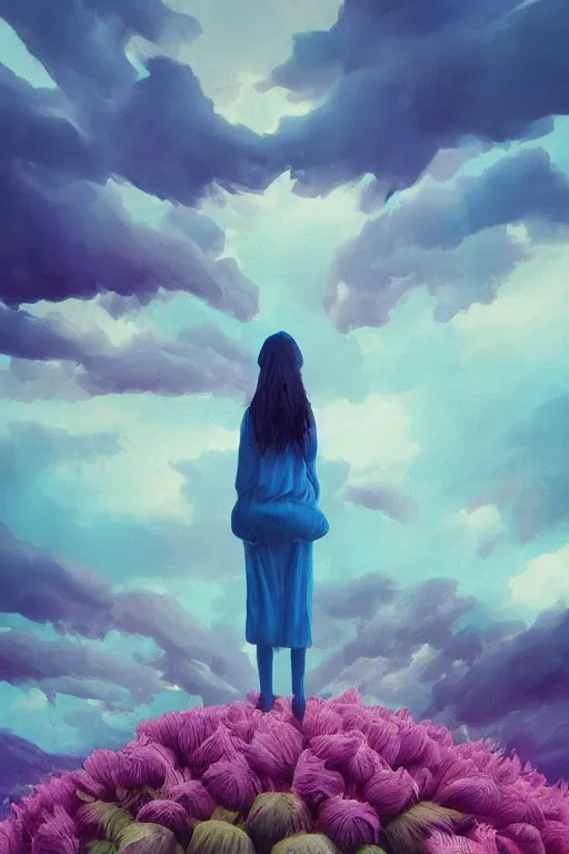 Image similar to perspective giant dahlia flower as head, girl standing on mountain, surreal photography, blue storm clouds, dramatic light, impressionist painting, digital painting, artstation, simon stalenhag