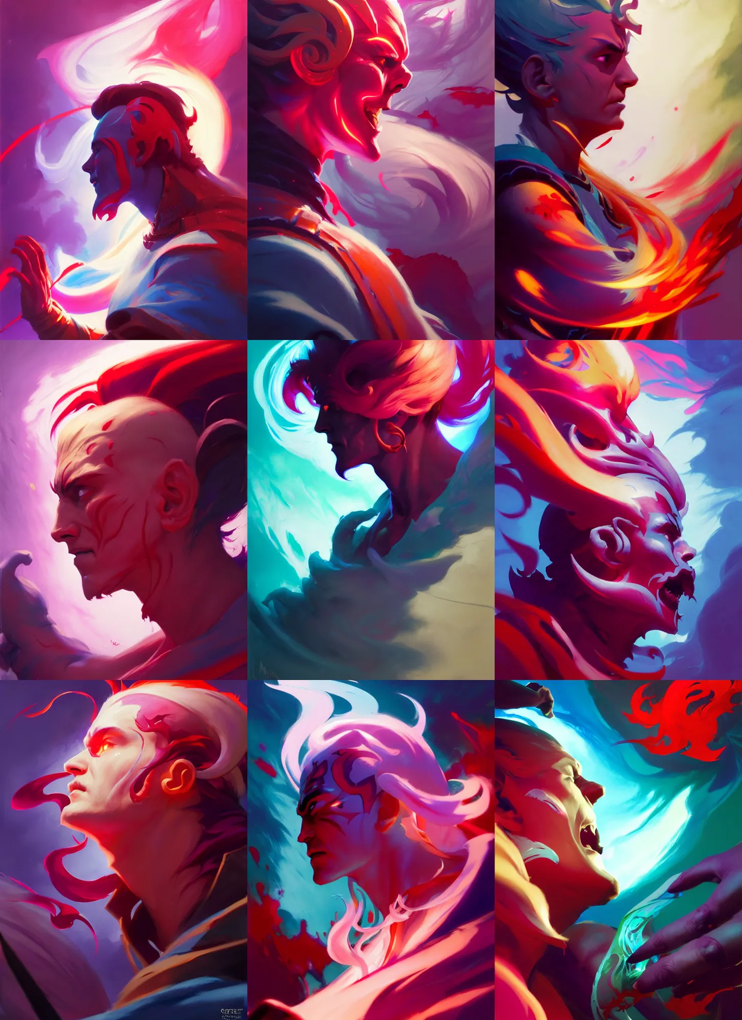 Prompt: side profile, bloodseeker, dota 2, luminescent, colorful swirly magic ripples, pastel colors, by greg manchess, huang guangjian, sachin teng, greg rutkowski, jesper ejsing, ilya kuvshinov