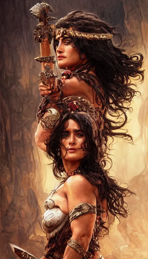 Prompt: salma hayek as a barbarian, passionate, seductive, sweaty, intricate fashion clothing, insane, intricate, highly detailed, digital painting, artstation, concept art, smooth, sharp focus, illustration, unreal engine 5, 8 k, art by artgerm and greg rutkowski and alphonse mucha