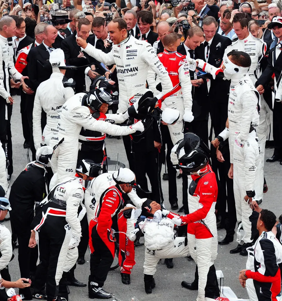 Prompt: “A portrait of Lewis Hamilton in his racing uniform being knighted by the queen by Banksy”