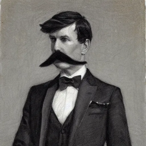 Image similar to gentleman action hero, suit, bow tie, mustache, by alfred stevens in charcoal