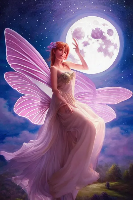 Image similar to attractive fairy magically floating high in the night, fantasy, full moon in background. highly detailed painting by artgerm, mid shot, 8 k