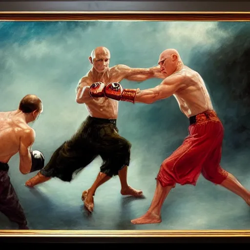 Image similar to a beautiful painting of harry potter fist - fighting voldemort in a boxing ring, rendered art, highly detailed painting by gaston bussiere, craig mullins, j. c. leyendecker 8 k, trending on artstation, art, fighting, watercolor