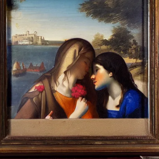 Image similar to an oil panting of a young jesus kissing maria maddalena