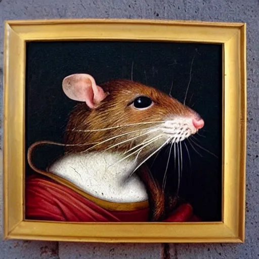 Prompt: painting of a rat!!!!!!!!!!!!!, high definition picture of a painting of a rat with a rat head, on a wall, with only the body of the ( ( ( ( ( ( mona lisa ) ) ) ) ) )