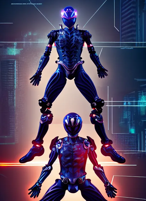 Image similar to kamen rider action pose, human structure concept art, human anatomy, full body hero, intricate detail, art and illustration by irakli nadar and alexandre ferra, global illumination, on tokyo cyberpunk night rooftop, frostbite engine