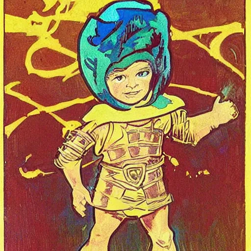 Image similar to a little boy with a mischievous face and short ginger hair. he is dressed as a knight. well composed, clean elegant painting, beautiful detailed face. colorful painting by steve ditko and jack kirby and alphonse mucha