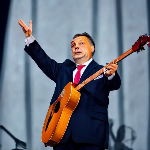 Prompt: viktor orban giving his last concert, concert photography