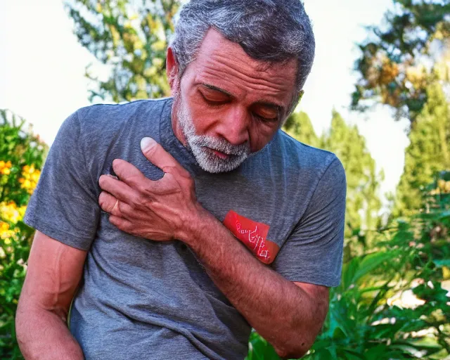 Prompt: mr robert smoke weed and meditate in the garden, he has dark grey hairs, detailed glad face, muscular chest, pregnant belly, golden hour closeup photo, red elegant shirt, eyes wide open, ymmm and that smell