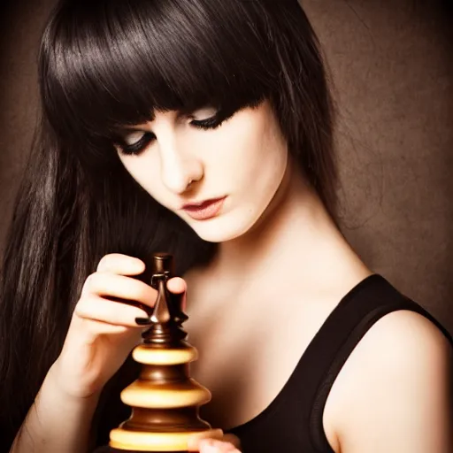 Image similar to young seductive beautiful emo girl with a chess piece in her hands. highly detailed photography of a famous actress