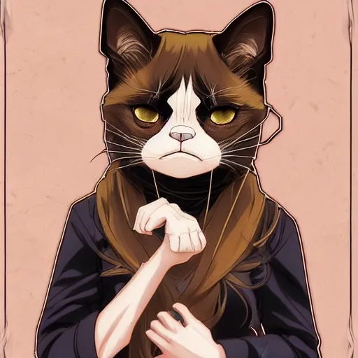 Prompt: Grumpy cat as an anime waifu, anime, weeb, die cut sticker , intricate, elegant, highly detailed, digital painting, artstation, concept art, smooth, sharp focus, illustration, art by artgerm and greg rutkowski and alphonse mucha and francisco goya