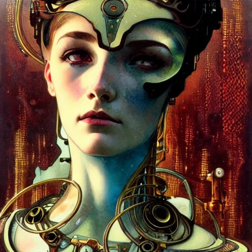 Prompt: close - up portrait of a beautiful female steampunk android in the style of ex machina, karol bak, alphonse mucha, greg rutkowski,