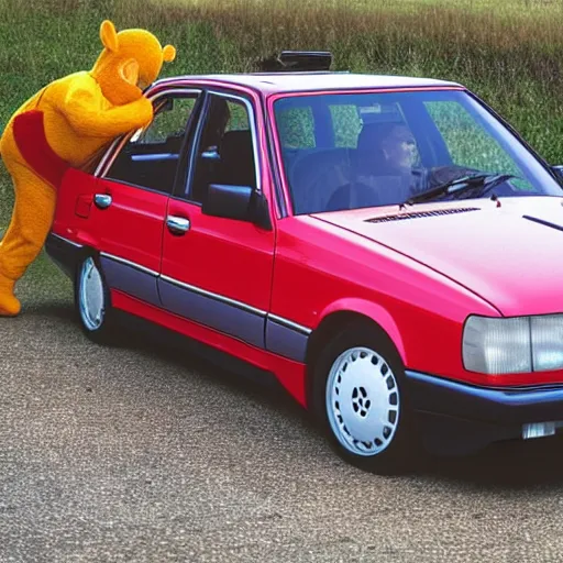 Prompt: Mercedes 190E crashing against a teletubbie