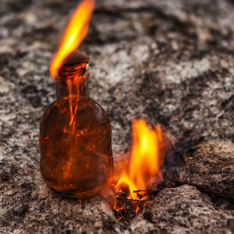 Image similar to close - up of a tiny bottle with a tent and campfire inside. dramatic lighting, night, hyper realistic, highly detailed, 4 k