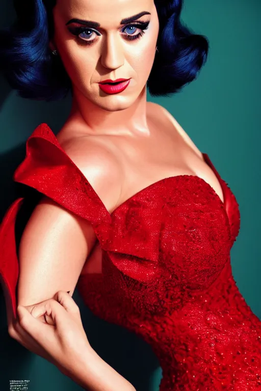 Image similar to katy perry in a red dress, realistic portrait, highly detailed, smooth, sharp focus, cinematic lighting, 8 k high resolution, 3 5 mm photography, magazine cover