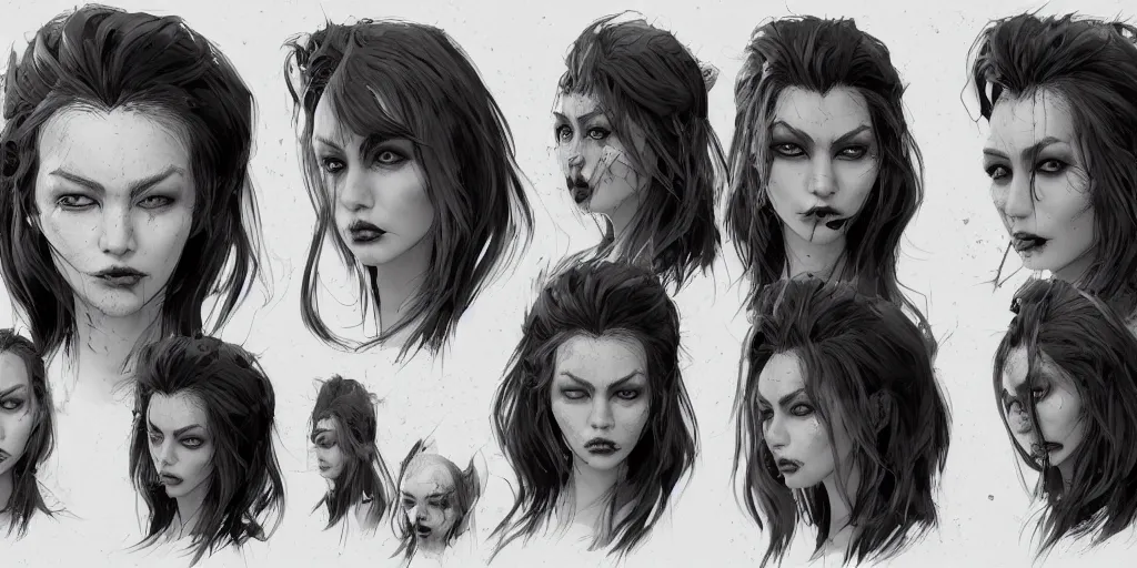 Image similar to gothic female character face detail designs, Kim Jung Gi, Greg Rutkowski, character sheet, Darek Zabrocki, Karlkka, Jayison Devadas, Phuoc Quan, trending on Artstation, 8K, ultra wide angle, pincushion lens effect