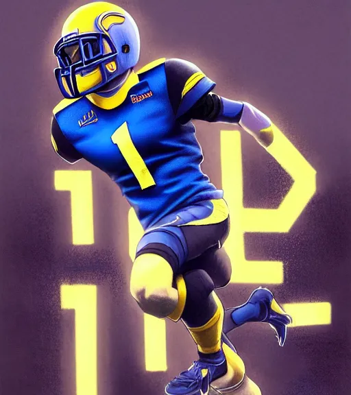 Image similar to highly detailed portrait of cooper kupp, # 1 0 football jersey blue and yellow, unreal engine, fantasy art by greg rutkowski, loish, rhads, ferdinand knab, makoto shinkai and lois van baarle, ilya kuvshinov, rossdraws, tom bagshaw, global illumination, radiant light, detailed and intricate environment