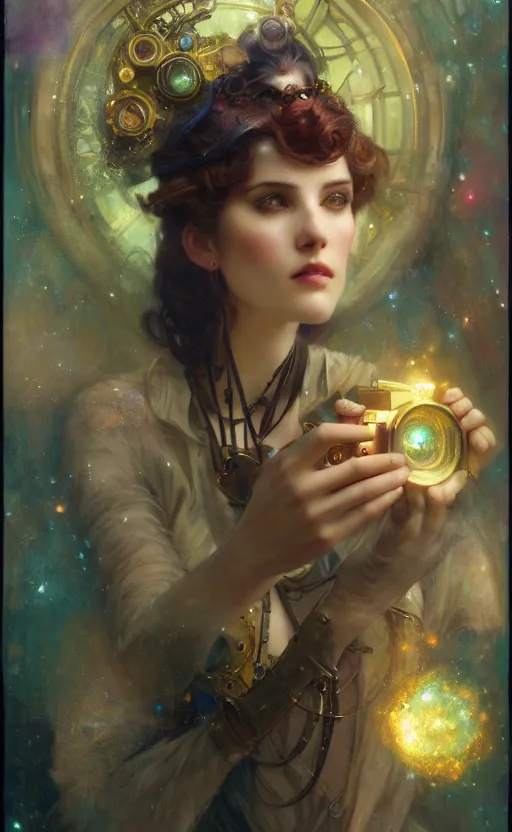 Image similar to hyper realistic photographer taking a picture, magical, gems, jewels, gold, steampunk, cyberpunk utopia, painted by tom bagshaw, mucha, gaston bussiere, craig mullins, j. c. leyendecker 8 k