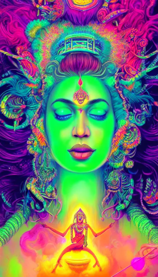 Prompt: a beautiful indian goddess engulfed in colorful liquid smoke and neon clouds, a colorful psychedelic experience, dmt, lsd, face, highly detailed, artstation, concept art, matte, sharp focus, illustration, digital art by hana yata, and artem demura and beeple, octane render, unreal engine, 8 k