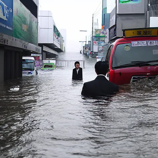 Image similar to seoul city is flooded by heavy rain. A guy with suit is sitting on the top of the A car is middle of the street flooded.