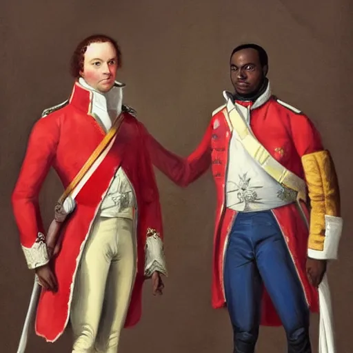 Image similar to portrait of napoloen bonaparte and toussaint l'ouverture standing proudly shoulder to shoulder, painting by rose roosendaal, trending on artstation