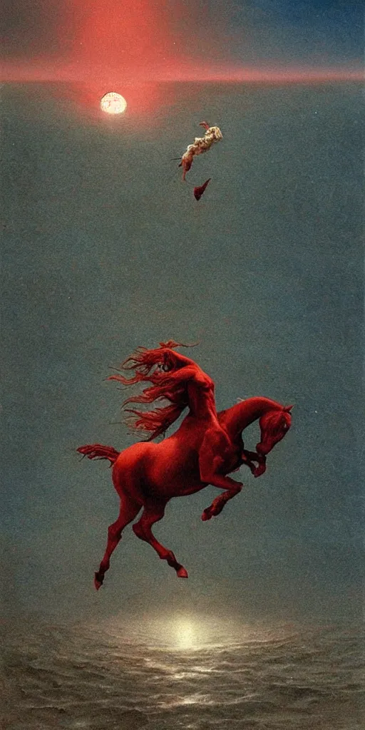 Prompt: a red demon horse falls off a cliff and into the ocean under the moonlight, beksinski, dariusz zawadzki, surreal, ethereal