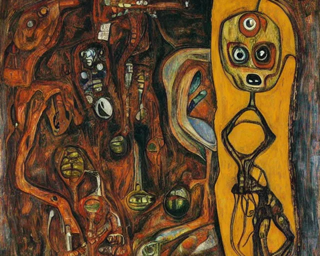 Prompt: a painting of a aliens and robots by graham sutherland, egon schiele!, gustav klimt, expressionism