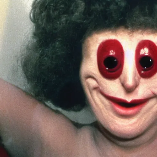 Image similar to woman with prosthetic nose enters an eyeball cult, 1977 live-action children's tv show, color