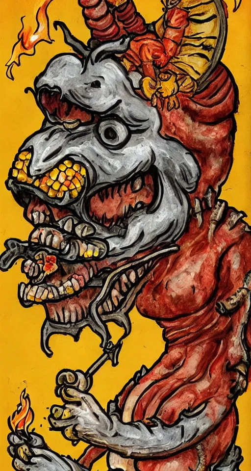 Image similar to jester with a sad face riding a flaming tiger into a meat grinder, and a corn on the cob with teeth is coming out on the other end, highly detailed, realistic, 4 k, bloody