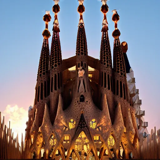 Image similar to finished version of sagrada familia by Gaudí, 4k, unreal engine, light particles, artstation