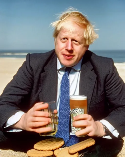 Prompt: film still close - up shot of boris johnson on the beach and drinking a beer with chocolate biscuits from the movie monty python's the meaning of life. photographic, photography