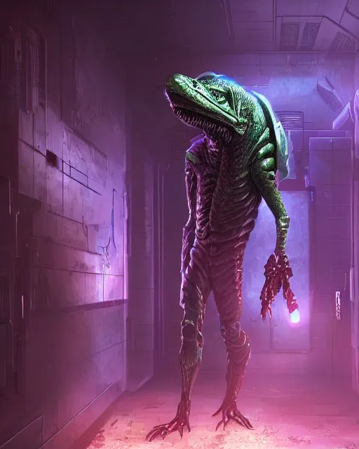 Image similar to Sci-Fi Lizard alien, armored, art by Kashin, Wadim, Martinière, Stephan, holding rifle, sharp focus, pitch black Spaceship hallway background, heroic pose, sci-fi horror artwork, octane render, dead space artwork, cyberpunk, horror, soft purple glow, warm light,, volumetric lighting, 8k high definition, highly detailed, trending on art Station, centered, horror, sci-fi artwork, arnold render