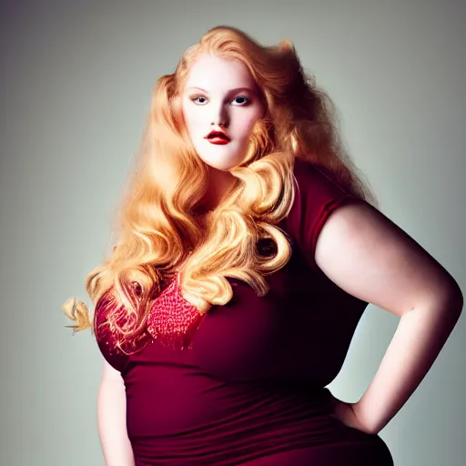 Image similar to a curvy, radiant, bubbly, 2 5 - year - old canadian plus - size model, long strawberry - blond hair, creamy skin, portrait, 8 5 mm canon f 1. 2 lens, inspired by rolf armstrong photography