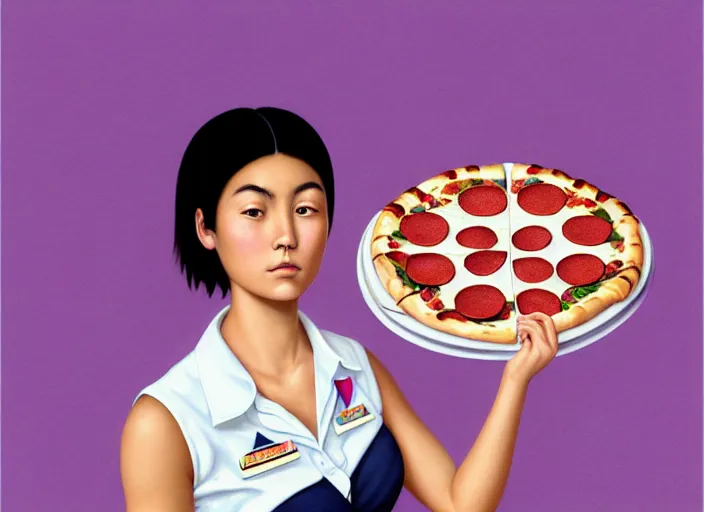 Image similar to portrait of a Asian Mexican mix race young woman school with short hair wearing a navy and white sepuku uniform and eating a pizza on a pink floatie in Kalakaua avenue in Waikiki beach, intricate, elegant, highly detailed, centered, digital painting, artstation, concept art, smooth, sharp focus, illustration, by Peter Mohrbacher, WLOP