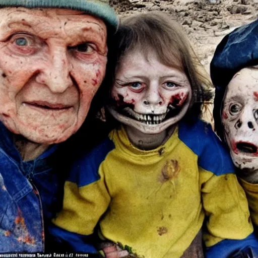 Image similar to selfie of the last surviving ukrainian with children with evil faces, wild pain and damage to the body burns alive to the bone, painted in dirty yellow - blue colors, a huge nuclear explosion is approaching in the background, corpses and skeletons are everywhere, the earth is on fire, smoke and radioactive rain