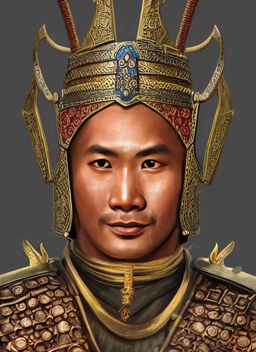 Image similar to smart tai warlord of sukhothai, closeup portrait, without beard and mustache, historical hero, ethnic group, tai costume, thai transitional bronze headdress, intricate, with leather armor cross on bare chest, elegant, loin cloth, highly detailed, oil painting, artstation, concept art, matte, sharp focus, illustration, hearthstone, art by earl norem