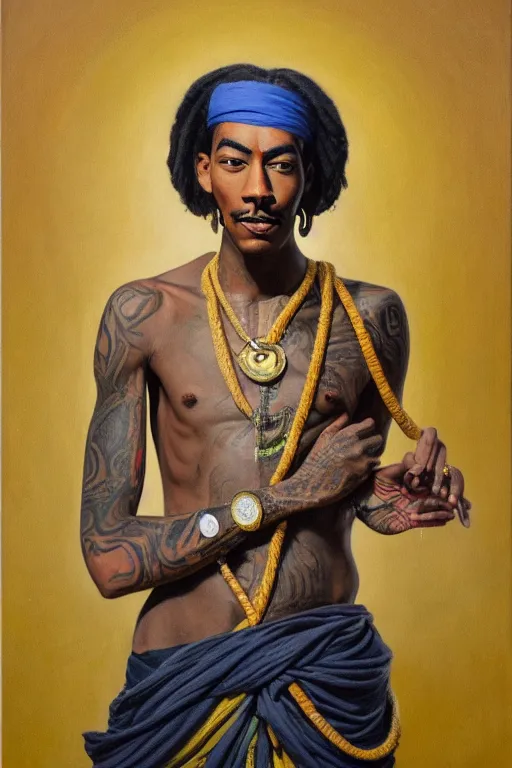 Image similar to full body portrait of wiz khalifa as mahatma gandhi, oil on canvas by william sidney mount, hindu art, great soul, black and yellow, trending on artstation