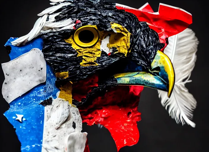 Image similar to pieces of a ripped flag!!!, white chicken feathers, saw dust and haribo candy molten and carefully restructured into a beautiful!!!, abstract!!!!!!! sculpture of a hawk, museum display, black backdrop, high contrast, award winning photo, dslr, high quality