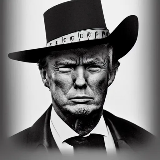 Image similar to an 1 8 0 0 s photo of donald trump playing the role of clint eastwood, squinting at high noon, in the style of a clint eastwood movie, the good, the bad and the ugly, clint eastwood, vibe, donald trump, glory days, mount rushmore, justice, american flag, independence, patriotism, apple pie, black and white, artgerm