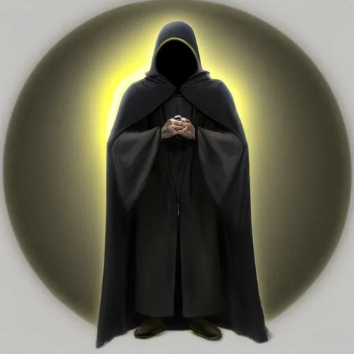 Prompt: a man wearing a long black cloak, shadowy hood covering face, holding a glowing orb, grandiose style, trending on artstation