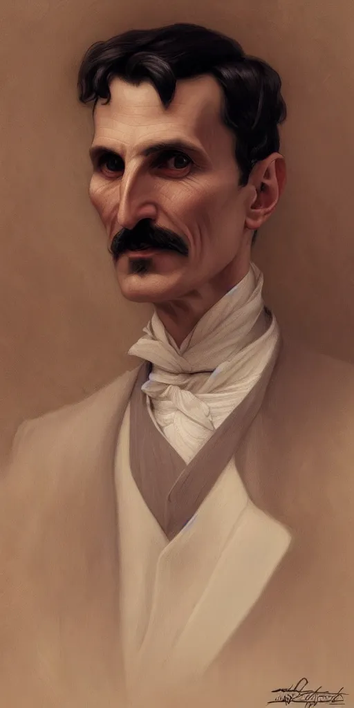 Image similar to portrait of nikola tesla, intricate, elegant, highly detailed, digital painting, artstation, concept art, smooth, sharp focus, illustration, art by artgerm and greg rutkowski and alphonse mucha and william - adolphe bouguereau