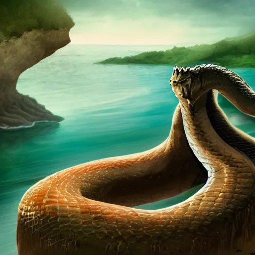 Image similar to a dramatic digital art of a teenage boy with long hair standing on the edge of a cliff over looking water, coming out of the water is a giant serpent water monster looming over the boy with it's mouth open