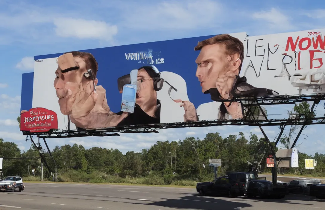 Image similar to jerma on a billboard on the side of the road