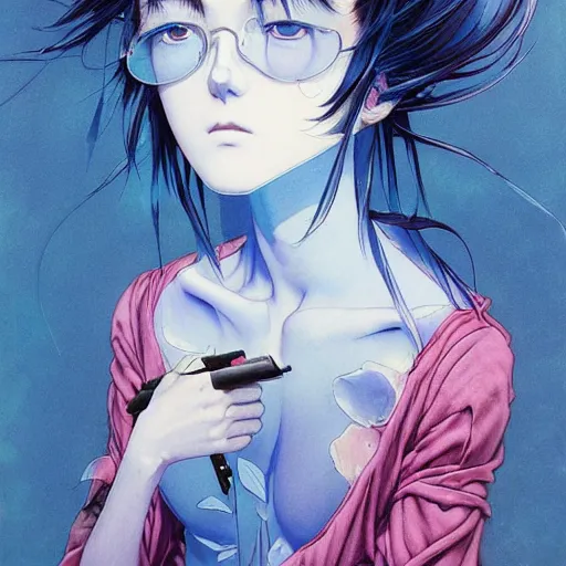 Prompt: prompt : blue portrait soft light painted by james jean and katsuhiro otomo, inspired by evangeleon anime, smooth face feature, intricate oil painting, high detail illustration, sharp high detail, manga and anime 1 9 9 0