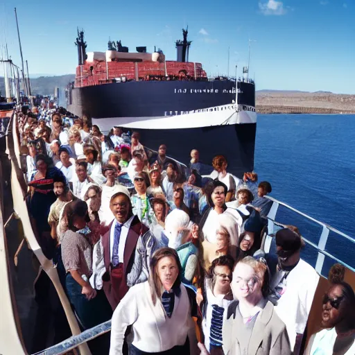 Image similar to a photograph of a ship full of scholars, wide shot, sunny day, soft focus