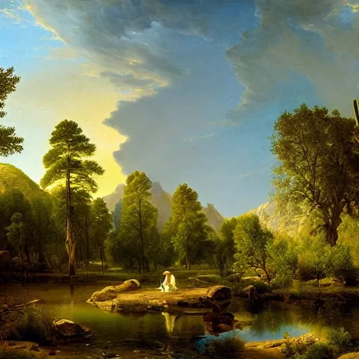 Image similar to a desert oasis, kindred spirits, harmony of nature, angelic light, sparkling dew, by asher brown durand, by ivan shishkin,